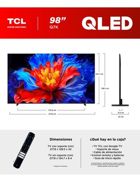 Pantalla Tcl QLED de 98 pulgadas 4K/UHD 98Q7K con Google TV