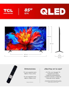 Pantalla Tcl QLED de 85 pulgadas 4K/UHD 85Q7K con Google TV