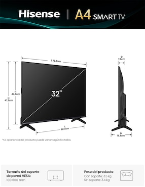 Pantalla Hisense LED de 32 pulgadas 4K/UHD 32A4NV con vidaa