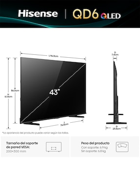 Pantalla Smart TV Hisense QLED de 43 pulgadas 4K/UHD 43QD6QV