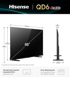 Pantalla Hisense QLED de 85 pulgadas 4K/UHD 85QD6QV con Vidaa con AI Smooth Motion