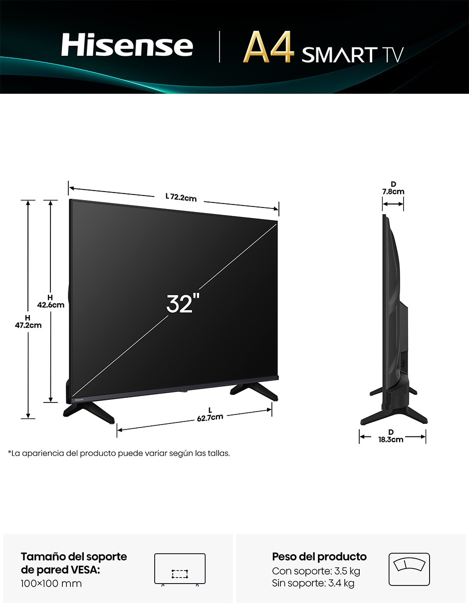 Pantalla LED de 32 pulgadas 4K/UHD 32A4NV con vidaa 16