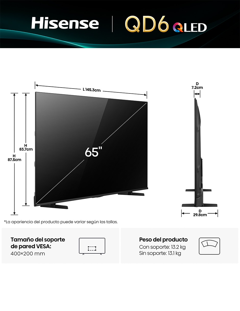 Pantalla QLED de 65 pulgadas 4k/UHD 65QD6QV con vidaa 16