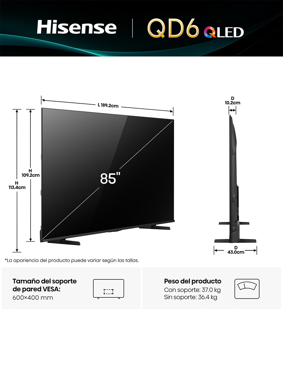 Pantalla QLED de 85 pulgadas 4K/UHD 85QD6QV con Vidaa con AI Smooth Motion 16